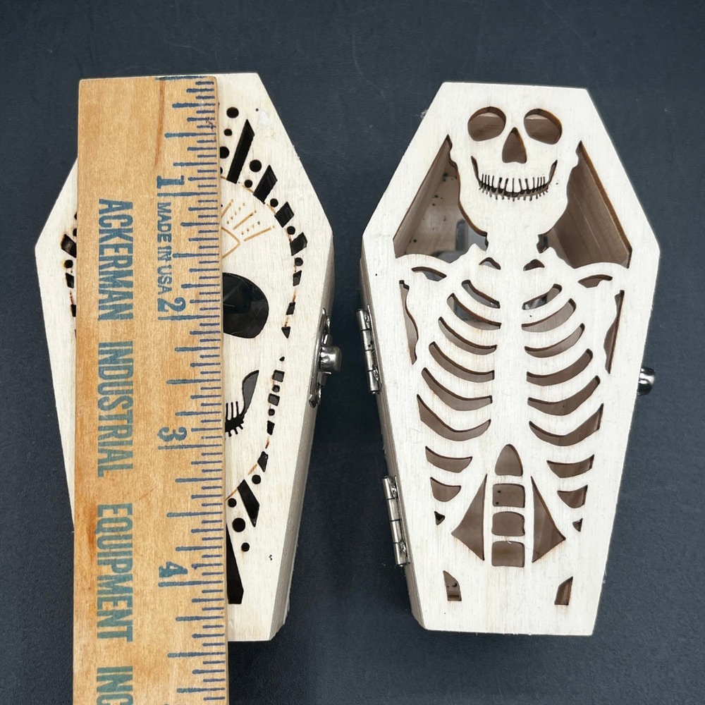 Wood Coffin Trinket Boxes LED Color Changing Skull Skeleton Halloween Decor 2pc - Picture 7 of 11
